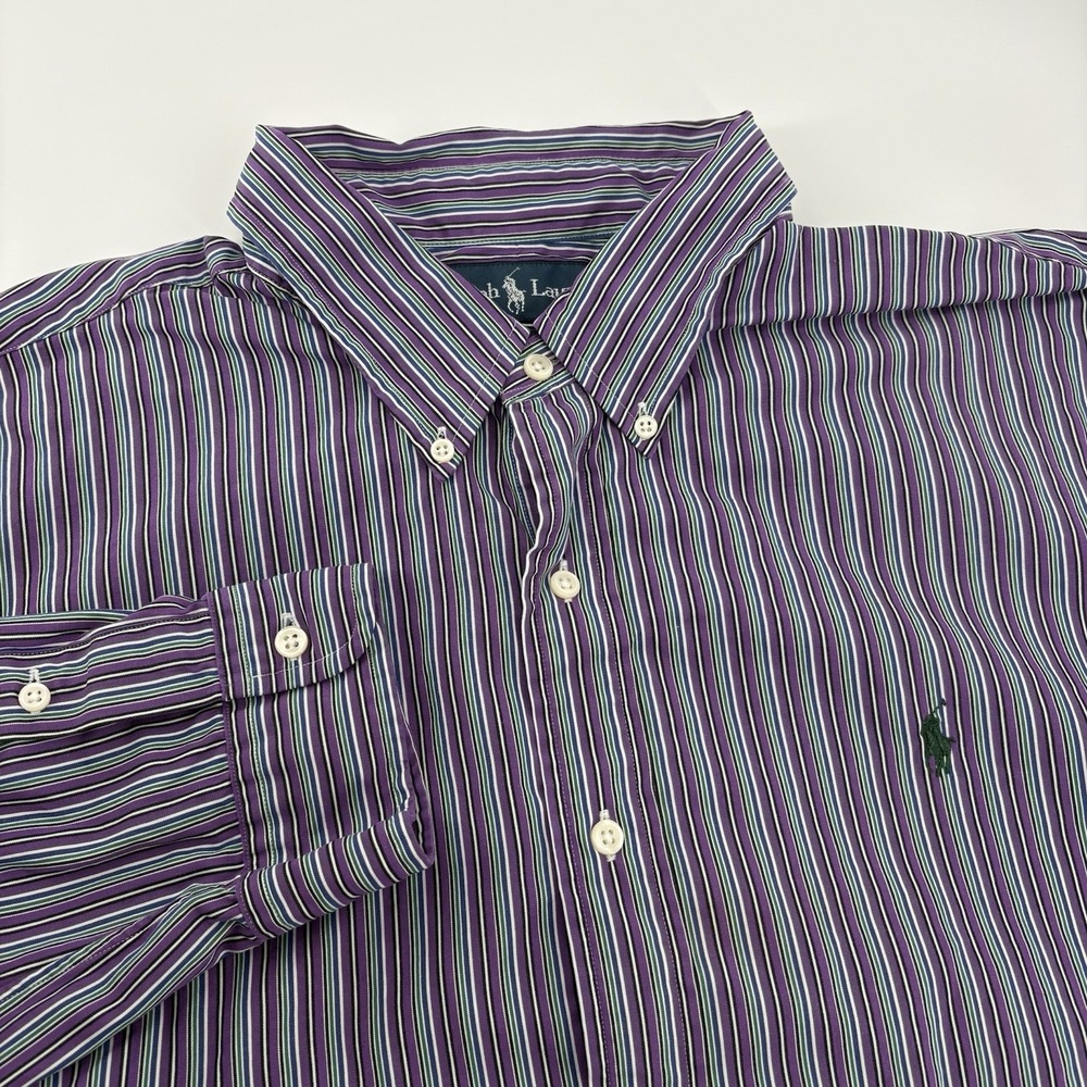 Ralph Lauren Custom Fit Button Up‎ Striped Long Sleeve Shirt XXL Green Pony